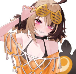 Rule 34 | 1girl, adjusting eyewear, ahoge, alternate costume, arm up, bikini, bikini under clothes, blonde hair, brown hair, commentary, eyewear on head, gigi murin, grin, highres, hololive, hololive english, hoshi usagi, looking at viewer, multicolored hair, nail polish, off-shoulder shirt, off shoulder, orange nails, orange shirt, pink eyes, sharp teeth, shirt, short hair, short twintails, simple background, smile, solo, straight-on, swimsuit, tail, teeth, twintails, two-tone hair, upper body, virtual youtuber, white background
