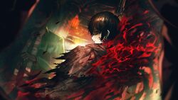 2boys 3others alternate_eye_color black_hair blood blood_on_face bowler_hat brown_cloak cloak coat e.g.o_(project_moon) fell_bullet_(e.g.o) fire game_cg green_coat green_necktie gun hat highres limbus_company multiple_boys multiple_others n_corp._e.g.o_(identity)_(project_moon) nai_ga necktie official_art project_moon red_eyes rifle shirt short_hair solo_focus sticking_(e.g.o) torn_clothes weapon white_shirt yi_sang_(project_moon)