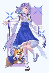 abstract_background absurdres armpits bell blue_bow blue_hair blue_skirt bow bow_skirt breasts commentary_request commission detached_sleeves flip-flops floating_hair full_body green_eyes hair_ornament high-waist_skirt highres ito_yoshi jingle_bell large_breasts leg_up long_sleeves medium_hair multicolored_hair open_mouth original outstretched_arms parted_bangs petticoat pleated_skirt purple_hair sandals shirt sidelocks skeb_commission skirt smile socks spread_arms standing standing_on_one_leg streaked_hair teeth upper_teeth_only welsh_corgi white_background white_bow white_shirt white_socks wide_sleeves