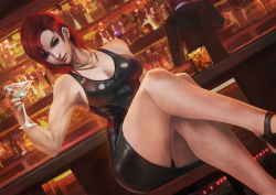 1girl absurdres alcohol bar_(place) black_panties breasts cleavage cocktail_glass commander_shepard commander_shepard_(female) crossed_legs cup dress drinking_glass gold_necklace highres jewelry latex latex_dress legs_together looking_at_viewer mass_effect_(series) mass_effect_1 monori_rogue nail_polish necklace official_alternate_costume paid_reward_available panties pantyshot red_hair short_hair sitting sleeveless sleeveless_dress smile solo_focus tight_clothes tight_dress underwear
