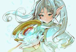 Rule 34 | 1girl, capelet, closed mouth, commentary request, earrings, elf, flower, frieren, green eyes, holding, holding staff, jewelry, long hair, long sleeves, parted bangs, pointy ears, shotan, simple background, solo, sousou no frieren, staff, thick eyebrows, twintails, white capelet, white flower, white hair