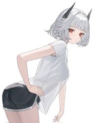 1girl armpit_peek ass black_shorts blunt_bangs breasts character_request closed_mouth commission corrupted_twitter_file cowboy_shot dolphin_shorts expressionless facial_mark hand_on_own_hip highres horns indie_virtual_youtuber karyln leaning_forward looking_back red_eyes second-party_source see-through_silhouette shirt shirt_overhang short_hair short_shorts short_sleeves shorts simple_background small_breasts solo thighs virtual_youtuber white_background white_hair white_shirt