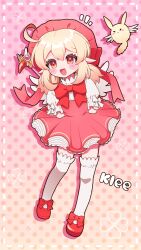 1girl :&lt; :d ahoge alternate_costume arms_behind_back black_outline blonde_hair blush_stickers bow bowtie cardcaptor_sakura character_name clover_print commentary_request cosplay creature dodoco_(genshin_impact) dotted_line double-parted_bangs dress drop_shadow footwear_bow full_body fuuin_no_tsue genshin_impact gradient_background hat hat_ribbon highres kinomoto_sakura kinomoto_sakura_(cosplay) kinomoto_sakura_(magician) klee_(genshin_impact) layered_dress looking_at_viewer low_twintails magical_girl medium_hair notice_lines open_mouth outline pink_background pink_dress pink_hat pink_ribbon pointy_ears polka_dot polka_dot_background puffy_short_sleeves puffy_sleeves red_bow red_bowtie red_eyes red_shoes ribbon shoes short_dress short_sleeves sleeve_bow smile solo tareme thighhighs twintails wand white_bow white_thighhighs white_wings white_ztt wings zettai_ryouiki