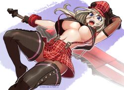 1girl :d alisa_ilinichina_amiella arm_up arm_warmers asymmetrical_gloves bare_shoulders black_boots black_gloves black_vest blue_eyes boots bracer breasts brown_pantyhose cabbie_hat character_name checkered_clothes checkered_hat commentary cropped_vest elbow_gloves english_commentary fingerless_gloves gloves god_eater god_eater_burst grey_hair hair_between_eyes hat holding holding_sword holding_weapon huge_weapon kawa-v large_breasts long_hair looking_at_viewer navel open_mouth pantyhose patreon_username plaid_clothes plaid_headwear plaid_skirt pleated_skirt red_hat red_skirt sidelocks single_arm_warmer skirt smile solo stomach suspender_skirt suspenders sword teeth thigh_boots underboob upper_teeth_only vest weapon