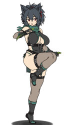 Rule 34 | 1girl, animal ears, arm belt, arm guards, belt, belt buckle, black belt, black boots, black gloves, black hair, boots, breasts, buckle, cat ears, cleavage, clothing cutout, detached sleeves, dot nose, dual wielding, fingerless gloves, full body, gloves, green boots, green panties, green scarf, hair between eyes, hairband, hand up, highres, holding, holding knife, houtengeki, knife, large breasts, leg belt, looking at viewer, multicolored boots, multiple belts, ninja, open mouth, original, panties, red eyes, red hairband, scarf, see-through clothes, see-through sleeves, see-through thighhighs, short hair, side-tie panties, simple background, solo, standing, standing on one leg, studded belt, thigh belt, thigh strap, thighhighs, underboob cutout, underwear, white background