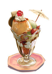 artist_name cherry cocktail_umbrella dessert food food_focus fruit glass highres ice_cream original parfait plate pudding rurikon simple_background still_life strawberry strawberry_parfait strawberry_slice wafer wafer_stick whipped_cream white_background