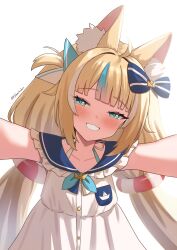 Rule 34 | 1girl, ahoge, animal ear fluff, animal ears, blonde hair, blue eyes, blue hair, blush, cat ears, dress, fish girl, frilled sailor collar, frills, hair ornament, head bow, head tilt, highres, indie virtual youtuber, long hair, looking at viewer, multicolored hair, official alternate costume, official alternate hairstyle, sailor collar, sameko saba, selfie, sharkudon, shirt, skirt, sleeveless, smile, solo, streaked hair, twintails, two-tone hair, virtual youtuber, white background, white dress