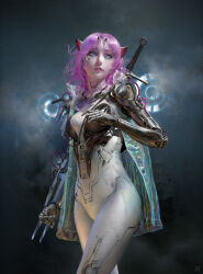 1girl android blue_eyes bodysuit breasts cyberpunk cyborg highres lips medium_breasts original pink_hair realistic ruanjia science_fiction see-through_clothes solo sword weapon