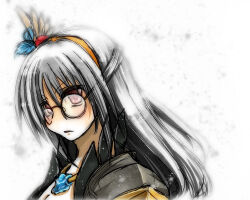 Rule 34 | 1girl, backlighting, black-framed eyewear, coat, commentary request, expressionless, glasses, grey coat, grey hair, hairband, long hair, looking at viewer, open mouth, portrait, ragnarok online, red eyes, simple background, solo, tomiya airu, upper body, warlock (ragnarok online), white background, yellow hairband