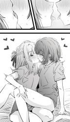 2girls arm_support blush bottomless braid close-up closed_eyes commentary french_braid french_kiss greyscale hair_ribbon hand_on_another&#039;s_leg hand_on_another&#039;s_shoulder heart highres kiss kiss_focus long_hair lwmina70119 medium_hair miyagi_shiori monochrome motion_blur multiple_girls on_bed ribbon saliva saliva_trail sendai_hazuki shirt shirt_slip short_sleeves shuuniichido_classmate_wo_kau_hanashi sitting sitting_on_lap sitting_on_person sweat tongue tongue_out yuri