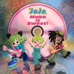 3girls ahoge album_cover_redraw armlet arms_up blue_coat blue_footwear blue_overalls braid brown_footwear cd coat copyright_name dark-skinned_female dark_skin derivative_work double_bun double_neck_guitar dreadlocks drumsticks ermes_costello eyelashes foo_fighters_(jojo) green_lips green_pants grin guitar hair_bun happy highres holding holding_drumsticks holding_guitar holding_instrument instrument jewelry jojo_no_kimyou_na_bouken kitchupsandwich kuujou_jolyne lipstick makeup multiple_girls open_mouth overalls pants parappa_the_rapper reflective_floor smile stone_ocean tongue tongue_out um_jammer_lammy y2k_fashion