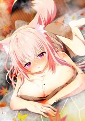1girl absurdres animal_ear_fluff animal_ears autumn_leaves blurry blurry_background blush breasts cleavage collarbone commission crossed_bangs fox_ears fox_girl fox_tail hair_between_eyes heart highres large_breasts leaf long_hair looking_at_viewer lying maple_leaf naked_towel on_stomach onsen open_mouth original parted_lips pink_eyes pink_hair pink_tail purple_eyes shiro9jira skeb_commission solo steam tail towel wet wolf_tail