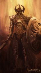1other ambiguous_gender armor armored_boots artist_name boots breastplate character_request copyright_name crucible_knight elden_ring facing_viewer full_armor gauntlets helm helmet highres holding holding_shield holding_sword holding_weapon horns knight pauldrons shield shoulder_armor solo standing sword tripdancer weapon
