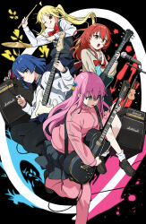 4girls :d ;q black_background black_shoes black_skirt black_vest blonde_hair blue_eyes blue_hair bocchi_the_rock! bow bowtie cardigan cube_hair_ornament floating_hair gotoh_hitori green_eyes hair_ornament highres ijichi_nijika instrument kessoku_band kita_ikuyo leg_up loafers long_hair long_sleeves microphone multiple_girls music one_eye_closed open_mouth pants pink_cardigan pink_hair pink_pants playing_guitar playing_instrument pleated_skirt ponytail_with_braided_base red_bow red_bowtie red_eyes red_hair school_uniform shimokitazawa_high_school_uniform shoes shuka_high_school_uniform side_ponytail skirt smile socks straight_hair tongue tongue_out vest white_socks yamada_ryo yamada_seimei yellow_eyes
