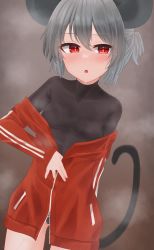 Rule 34 | 1girl, alternate costume, animal ears, black bodysuit, blush, bodysuit, bodysuit under clothes, breasts, commentary request, cowboy shot, dakuazu, grey hair, highres, jacket, looking at viewer, mouse ears, mouse girl, mouse tail, nazrin, off shoulder, open mouth, ponytail, red eyes, red jacket, short hair, short ponytail, small breasts, solo, steaming body, tail, touhou, track jacket, unzipped