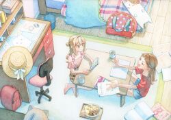 2girls ayumi backpack bag barefoot bedroom blonde_hair blue_shorts brown_hair cup desk from_above hair_intakes half_updo hat highres homework indoors looking_at_another mug multiple_girls open_mouth original piggy_bank plaid_clothes plaid_skirt randoseru red_shirt rug seashell shell shirt shorts sitting skirt smile stuffed_animal stuffed_cat stuffed_dinosaur stuffed_toy swivel_chair table unworn_backpack unworn_bag unworn_hat unworn_headwear wooden_floor yokozuwari