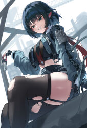 1girl absurdres animal_ears black_garter_straps black_gloves black_hair black_thighhighs breasts fingerless_gloves garter_straps gloves green_eyes grin highres holding jacket jane_doe_(zenless_zone_zero) kimae long_hair long_sleeves looking_at_viewer midriff mouse_ears mouse_girl navel necktie sitting smile solo thighhighs torn_clothes torn_thighhighs zenless_zone_zero