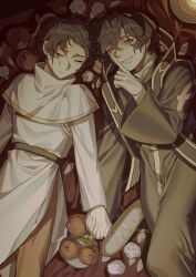 Rule 34 | 2boys, absurdres, apple, baguette, belt, black belt, black coat, black hair, black horns, blood, blood from forehead, blood on face, bread, brown pants, capelet, chinese commentary, chunaizhanshi23057, closed eyes, closed mouth, coat, commentary request, dual persona, flower, food, fruit, gold trim, grin, hair between eyes, highres, holding hands, horizontal pupils, horns, long sleeves, male focus, multiple boys, pants, rose, saibou shinkyoku, short hair, smile, stole, utsugi noriyuki, variant set, white capelet, white coat, white flower, white rose, wide sleeves, yellow eyes