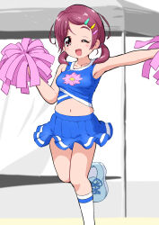 1girl :d blue_shirt blue_shoes blue_skirt blush breasts cheerleader cropped_shirt dancing dot_nose hair_ornament hairpin hands_up highres hugtto!_precure low_twintails medium_hair midriff miniskirt navel nono_kotori one_eye_closed open_mouth pleated_skirt pom_pom_(cheerleading) precure print_shirt red_eyes red_hair shirt shoes short_twintails skirt sleeveless sleeveless_shirt small_breasts smile socks solo standing standing_on_one_leg straight_hair twintails white_socks yakizakana_(yakizakana10967)