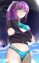Rule 34 | 1girl, absurdres, bikini, blue sky, breasts, disgust, glasses, green bikini, green eyes, heaven burns red, highres, higuchi seika, lilyhoney, medium hair, official alternate hairstyle, ponytail, purple hair, sky, swimsuit