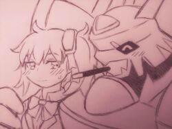 Rule 34 | aiba ami, alphamon, blue eyes, digimon, digimon (creature), digimon story: cyber sleuth, goggles, goggles on head, long hair, monochrome, red hair, sidetail, traditional media