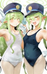 2girls absurdres areola_slip armpits blue_archive breasts covered_erect_nipples demon_tail earrings excessive_pubic_hair fang female_pubic_hair gloves green_halo halo hand_on_own_hip hat heart hero_neisan highleg highres hikari_(blue_archive) jewelry large_areolae long_hair looking_at_viewer multiple_girls navel nozomi_(blue_archive) one-piece_swimsuit peaked_cap pubic_hair pubic_hair_peek school_swimsuit siblings sidelocks sisters skin_fang small_breasts smell steaming_body swept_bangs swimsuit tail twins twintails wavy_hair white_background white_gloves wide_hips yellow_eyes