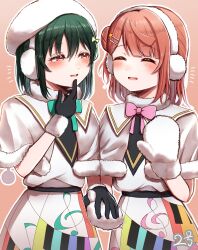 2girls beret black_gloves blunt_bangs blush bob_cut bow bowtie capelet closed_eyes color-coded colorful_dreams!_colorful_smiles!_(love_live!) cowboy_shot dress earmuffs facing_another fang fur-trimmed_capelet fur_trim gloves green_bow green_bowtie green_hair hair_bun hair_ornament hairclip half_updo hat highres holding_hands looking_at_another love_live! love_live!_nijigasaki_high_school_idol_club medium_hair mifune_shioriko mittens multiple_girls musical_note musical_note_print official_alternate_costume open_mouth orange_background piano_print pink_bow pink_bowtie pink_hair red_eyes side_up_bun simple_background single_side_bun smile swept_bangs uehara_ayumu watagashi_nisei_(aoiro_2-gou) white_capelet white_dress white_hat white_mittens