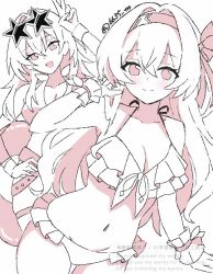 2girls bikini blush breasts cleavage closed_mouth eyewear_on_head firefly_(honkai:_star_rail) frilled_bikini frilled_bikini_top frilled_wrist_cuffs frills hair_between_eyes hair_intakes hair_ornament hair_ribbon hairband haji_6635_ttt honkai:_star_rail honkai_(series) medium_breasts multiple_girls navel open_mouth ribbon smile star-shaped_eyewear star_(symbol) stelle_(honkai:_star_rail) swimsuit trailblazer_(honkai:_star_rail) v wrist_cuffs