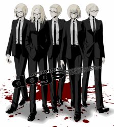 5girls alternate_costume bespectacled blonde_hair blood calanthe_(artist) clare_(claymore) claymore_(series) crossover deneve formal_clothes glasses helen jean miria multiple_girls pant_suit pants parody reservoir_dogs suit