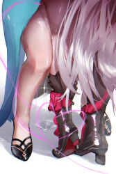 Rule 34 | 2girls, bare legs, black shoes, commentary, english commentary, heel up, high heels, highres, honkai (series), honkai impact 3rd, leg between thighs, leg focus, legs, long hair, multiple girls, nyeppu, paid reward available, pussy juice, pussy juice puddle, shadow, shoes, signature, simple background, songque, songque (astralop), standing, thelema nutriscu, thelema nutriscu (mad pleasure: shadowbringer), very long hair, white background, white hair, yuri