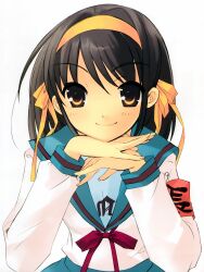 1girl absurdres blue_sailor_collar blush bob_cut brown_eyes brown_hair closed_mouth hair_ribbon hairband highres ito_noizi kita_high_school_uniform long_sleeves looking_at_viewer medium_hair orange_hairband red_ribbon ribbon sailor_collar school_uniform serafuku shirt simple_background smile solo suzumiya_haruhi suzumiya_haruhi_no_yuuutsu upper_body white_background white_shirt winter_uniform