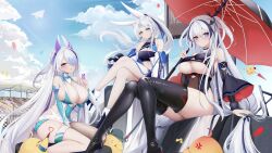 3girls absurdres anger_vein animal_ears azur_lane banchiyuebai between_legs black_gloves black_hair black_thighhighs blue_eyes blush boots breasts brown_eyes bug butterfly confetti crop_top crossed_legs detached_sleeves elbing_(azur_lane) fingerless_gloves food gloves green_eyes grey_hair hair_over_one_eye hand_between_legs heterochromia high_ponytail highres hiryuu_(azur_lane) holding holding_umbrella huge_breasts insect large_breasts long_hair looking_at_viewer manjuu_(azur_lane) medium_hair multicolored_clothes multicolored_hair multiple_girls outdoors ponytail purple_hair rabbit_ears red_eyes revealing_clothes single_thighhigh sitting smile steamed_bun streaked_hair thigh_boots thigh_strap thighhighs umbrella underboob unzen_(azur_lane) very_long_hair wariza white_hair