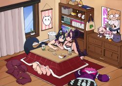 2girls animal_ear_fluff arm_support barefoot black_choker black_hair blue_eyes book bookshelf braid breasts cellphone character_doll character_request choker cleavage collarbone commentary commission copyright_request curtains doll doro_(nikke) dress english_commentary eyelashes feet hair_between_eyes hair_ornament hair_rings hairband headphones highres holding holding_phone hololive hood hoodie horns indoors kotatsu medium_breasts melty_blood multiple_girls nail_polish neco-arc original phone plant poster_(object) potted_plant purple_eyes purple_hair purple_hoodie red_hairband sitting skin-covered_horns smartphone softhanten soles table tail takodachi_(ninomae_ina&#039;nis) toenail_polish toenails toes tsukihime twin_braids unworn_dress unworn_headphones unworn_hoodie violett_(k-rha) window wooden_floor