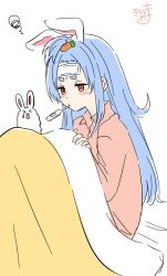 &gt;_&lt; 1girl animal_ear_fluff animal_ears bangs_pinned_back blue_hair blush brown_shirt carrot_hair_ornament closed_eyes collared_shirt commentary_request don-chan_(usada_pekora) food-themed_hair_ornament hair_ornament hand_up highres hololive kiritoma long_hair long_sleeves mouth_hold open_mouth rabbit_ears red_eyes shirt short_eyebrows sick signature simple_background sitting solo squiggle thermometer thick_eyebrows under_covers usada_pekora very_long_hair virtual_youtuber white_background