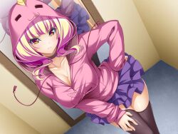 Rule 34 | 1girl, :3, animal hood, azarin (kouyoku senki exs-tia), black thighhighs, blonde hair, blue skirt, blunt bangs, blush, breasts, choker, cleavage, closed mouth, collarbone, dutch angle, fitting room, frilled skirt, frills, frown, game cg, hand on own hip, hand on own thigh, hood, hood up, hooded jacket, hooded sweater, hoodie, horns, indoors, inoino, jacket, kouyoku senki exs-tia, large breasts, layered skirt, leaning forward, long hair, long sleeves, looking at viewer, miniskirt, mirror, multicolored hair, non-web source, official art, pink hair, pink jacket, pleated skirt, purple skirt, reflection, shiny clothes, shiny skin, skirt, solo, standing, sweater, thighhighs, two-tone hair, v-shaped eyebrows, variant set, yellow eyes, zettai ryouiki