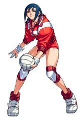 Rule 34 | 1girl, absurdres, ayuhara natsu, bandaged fingers, bandages, blue eyes, blue hair, boots, edaki shin&#039;ya, game cg, highres, jacket, justice gakuen, knee pads, moero! justice gakuen, non-web source, official art, red jacket, red shorts, short hair, shorts, simple background, smile, solo, thighs, track jacket, volleyball, white background, white boots