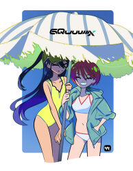 2girls amate_yuzuriha beach_umbrella bikini closed_eyes commentary cropped_legs grin gundam gundam_gquuuuuux half_updo hand_in_pocket hat highres jacket long_hair multiple_girls nyaan_(gundam_gquuuuuux) one-piece_swimsuit open_clothes open_jacket purple_hair red_hair short_hair smile swimsuit symbol-only_commentary take_(takegarou) umbrella
