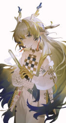 Rule 34 | 1girl, absurdres, arknights, bare shoulders, beads, belt, blonde hair, brown eyeliner, closed mouth, collarbone, commentary request, cowboy shot, dragon girl, dragon horns, earrings, eyeliner, green eyes, grey hair, hair between eyes, hair intakes, highres, holding, horns, jacket, jewelry, long hair, long sleeves, looking at viewer, makeup, multicolored hair, necklace, off shoulder, partial commentary, pointy ears, purple hair, shu (arknights), simple background, smile, solo, somok, standing, strapless, tube top, very long hair, white background, white belt, white jacket, white tube top