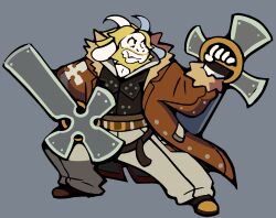 1boy animal_ears asgore_dreemurr beard black_coat black_shirt blonde_hair coat collared_shirt cosplay cross deltarune facial_hair full_beard full_body goat_boy goat_ears goat_horns grey_background guilty_gear highres holding holding_sword holding_weapon horns imquitesleepy leo_whitefang leo_whitefang_(cosplay) male_focus pants shirt short_hair simple_background solo standing sword weapon white_pants