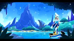 Rule 34 | 1girl, blue bow, blue sky, bow, cliff, cloud, commentary, dark-skinned female, dark skin, day, english commentary, ffluvy, from behind, genshin impact, grass, highres, lake, letterboxed, male focus, moon, mountain, mountainous horizon, mualani (genshin impact), nature, on animal, outdoors, rock, scenery, shark, sky, solo, sparkle, standing, star (sky), star (symbol), tree, water, white hair, wide shot