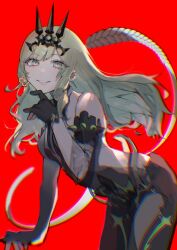 1girl black_dress black_gloves black_tiara clothing_cutout commentary_request dress earrings gloves green_hair highres honkai_(series) honkai_impact_3rd jewelry long_hair looking_at_viewer mobius_(honkai_impact) parted_lips red_background side_cutout slit_pupils solo tiara us2_uoxo white_background