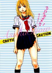 1girl black_eyes black_socks blonde_hair blue_skirt breasts english_text female_focus highres kyou_no_asuka_show kyouno_asuka legs long_hair looking_at_viewer manga_page miniskirt mori_taishi nail_polish official_art pink_lips pleated_skirt school_uniform serafuku short_sleeves skirt small_breasts socks solo solo_focus teeth thighs white_nails white_serafuku