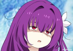 1girl exhausted fate/grand_order fate_(series) flower hair_flower hair_ornament meme purple_hair red_eyes scathach_(fate) scathach_skadi_(fate) scathach_skadi_(swimsuit_ruler)_(fate) scathach_skadi_(swimsuit_ruler)_(third_ascension)_(fate) scene_reference solo solo_focus umirunie white_flower