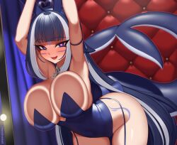 1girl against_glass ahoge animal_ears arm_ribbon arms_up aura bent_over black_hair blue_bow blue_eyes blue_leotard blue_ribbon blush bow breast_press breasts cetacean_tail cheek_tattoo cleavage curtains detached_collar facial_mark facial_tattoo fake_animal_ears fangs fins fish_tail forehead_tattoo heart heart-shaped_pupils heart_ahoge indie_virtual_youtuber kuroonehalf large_breasts leg_tattoo leotard long_hair looking_at_viewer multicolored_hair open_mouth orca_girl playboy_bunny rabbit_ears ribbon shylily smile solo standing streaked_hair symbol-shaped_pupils tail tattoo virtual_youtuber waist_bow white_hair