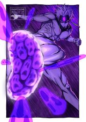 1boy absurdres ball black_nails border colored_skin dandadan earrings enjoji_jin evil_eye_(dandadan) highres jewelry kicking male_focus muscular muscular_male nairdags outside_border purple_eyes purple_skin purple_theme short_hair solo third_eye topless_male transformation twitter_username white_border