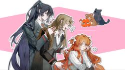 1girl 2girls animalization bear black_coat black_hair black_vest bow brown_hair cat closed_mouth coat collared_shirt hair_bow hair_intakes half_updo heterochromia highres hong_lu_(project_moon) ishmael_(project_moon) jingshenhuanghu lapels limbus_company long_hair multiple_girls necktie notched_lapels one_side_up project_moon red_necktie rodion_(project_moon) shirt smile umbrella_octopus very_long_hair vest white_bow white_shirt