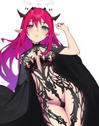 +_+ 1girl aqua_eyes black_cape black_dress black_halo breasts brown_horns cape chronopattern_dress commentary dasdokter dress english_commentary fanged_bangs fingernails halo heterochromia highres hololive hololive_english horns irys_(hololive) large_breasts long_hair looking_at_viewer multicolored_horns nail_polish pink_eyes pink_hair pink_lips pink_nails pointy_ears red_horns simple_background solo thighs two-tone_horns virtual_youtuber white_background white_halo