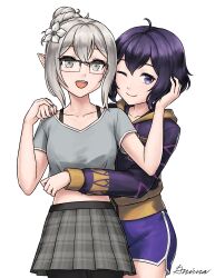 2girls absurdres alternate_costume contemporary female_kana_(fire_emblem) fire_emblem fire_emblem_awakening fire_emblem_fates glasses grey_eyes grey_hair grimaisbestwaifu hair_bun highres holding_hands hood hood_down hooded_jacket hug jacket looking_at_viewer midriff female_morgan_(fire_emblem) multiple_girls nintendo pointy_ears purple_eyes purple_hair shorts single_hair_bun skirt white_background
