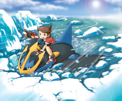 1boy artist_request belt bird black_gloves black_shorts blue_eyes blue_sky brown_hair cloud cloudy_sky day empoleon fingerless_gloves full_body furrowed_brow gen_4_pokemon gloves highres ice kellyn_(pokemon) male_focus nintendo official_art outdoors pointing pokemon pokemon_(creature) pokemon_ranger pokemon_ranger_2 pokemon_ranger_uniform riding riding_pokemon shoes short_sleeves shorts sky socks spiked_hair sun third-party_source water yellow_socks