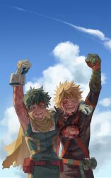 2boys abs arm_up bakugou_katsuki belt belt_pouch blonde_hair blood blood_on_body blood_on_face blue_sky boku_no_hero_academia cape clenched_hand cloud commentary_request explosive freckles gloves green_eyes green_hair green_pants grenade highres injury male_focus midoriya_izuku multiple_boys nebikkurishita open_mouth orange_eyes pants pouch shirt short_hair side-by-side sky spiked_hair standing superhero_costume teeth torn_cape torn_clothes torn_shirt torn_sleeves uneven_eyes wavy_hair white_gloves yellow_cape